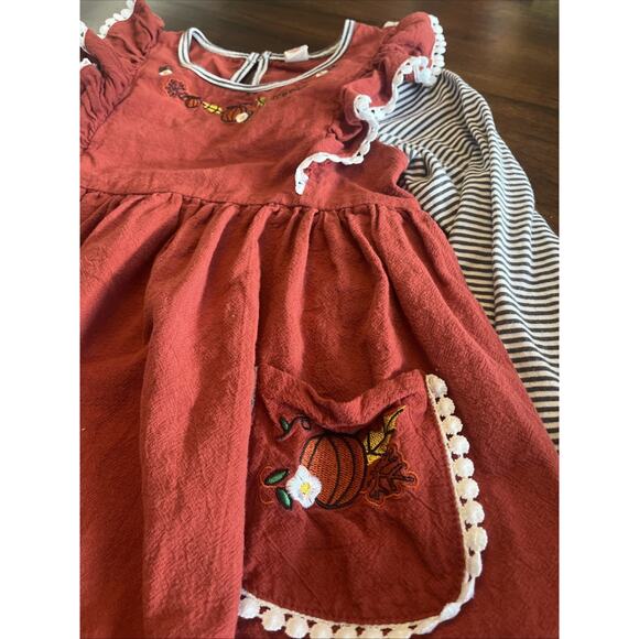 Girls Fall Dress Embroidered Faux Jumper Rust + Bl & Wh Sleeve, Cute Fit 4/5 - Picture 3 of 12